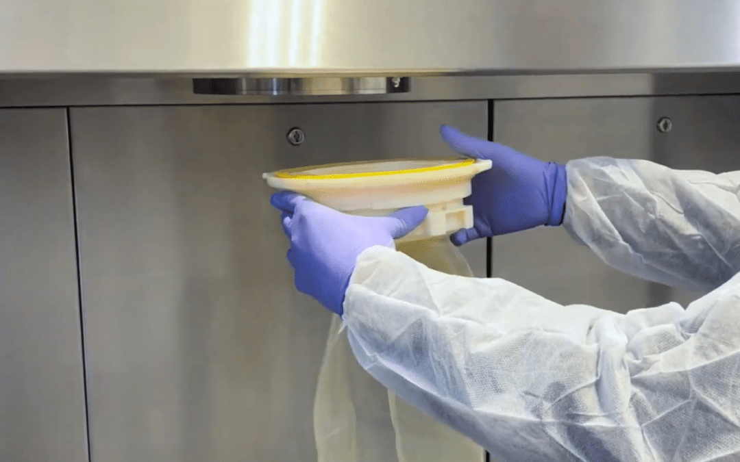 Opérateur manipulant un sac souple de transfert sous isolateur pharmaceutique dans un environnement de confinement